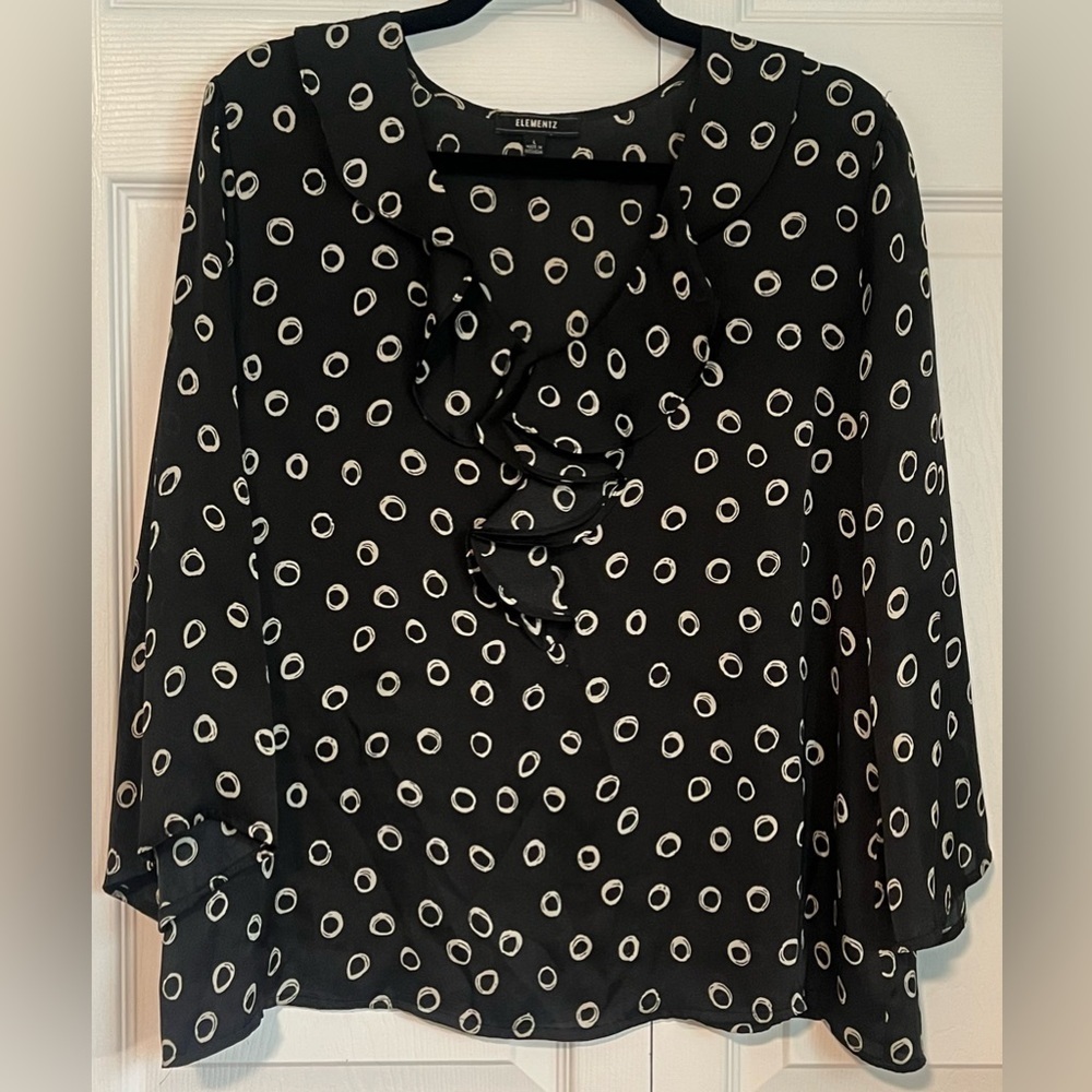 Elementz Black Blouse with White Polka Dot Ruffle Front